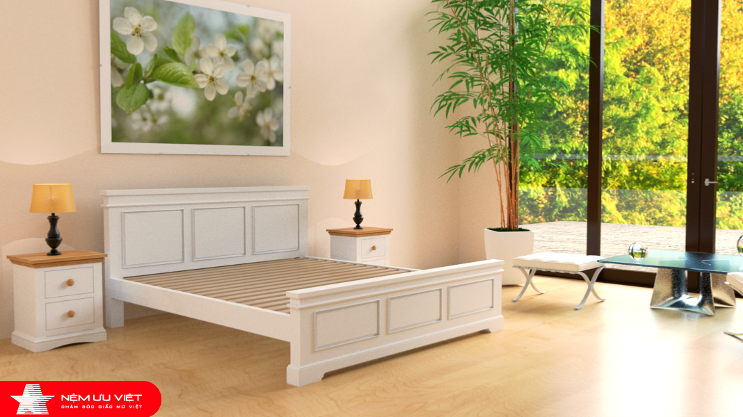 Giường pano trắng gỗ Sồi Mỹ - Nệm Ưu Việt