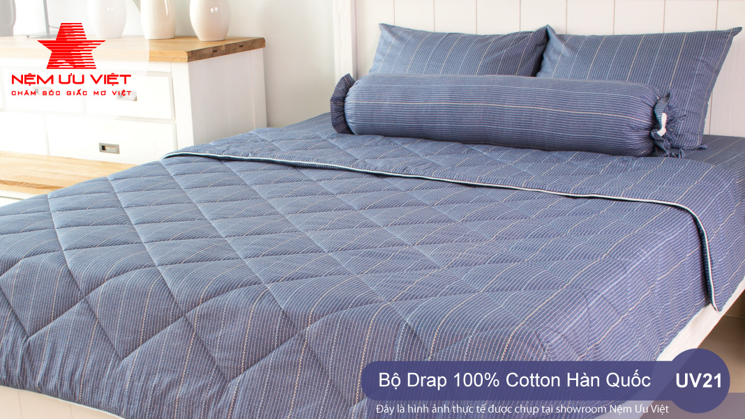 Bộ chăn Drap 100% Cotton Hàn Quốc UV21 êm ái thoáng mát