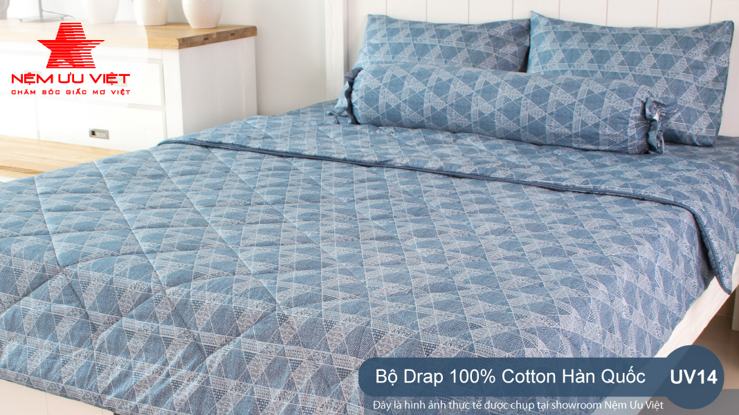 Bộ chăn Drap 100% Cotton Hàn Quốc UV14 êm ái thoáng mát