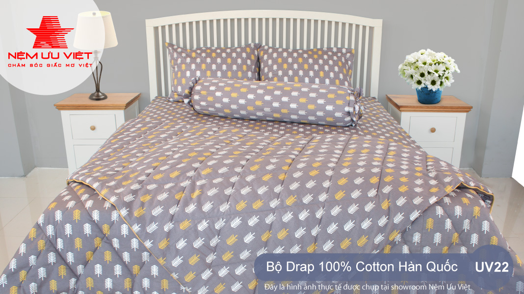 Bộ chăn Drap 100% Cotton Hàn Quốc cao cấp UV22 - Nệm Ưu Việt