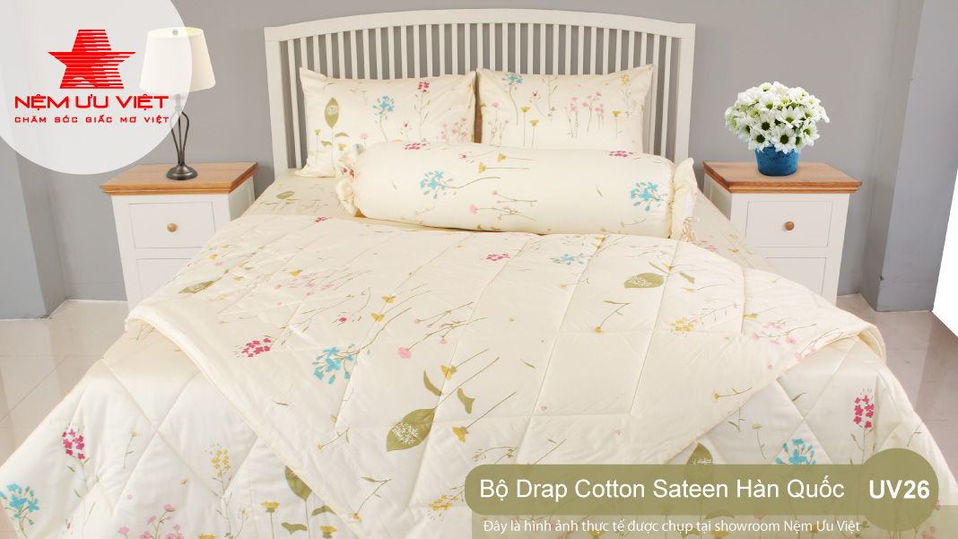Bộ chăn drap cotton sateen Hàn Quốc cao cấp UV02 - Nệm Ưu Việt