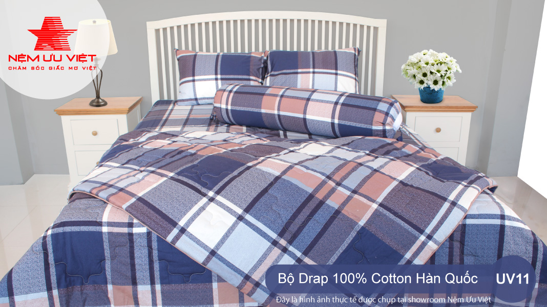 Bộ chăn Drap 100% Cotton Hàn Quốc cao cấp UV11 - Nệm Ưu Việt