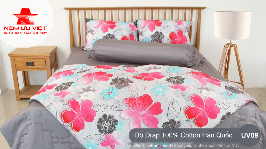 Bộ chăn Drap 100% Cotton Hàn Quốc cao cấp UV09 - Nệm Ưu Việt