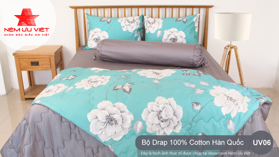 Bộ chăn Drap 100% Cotton Hàn Quốc cao cấp UV06 - Nệm Ưu Việt