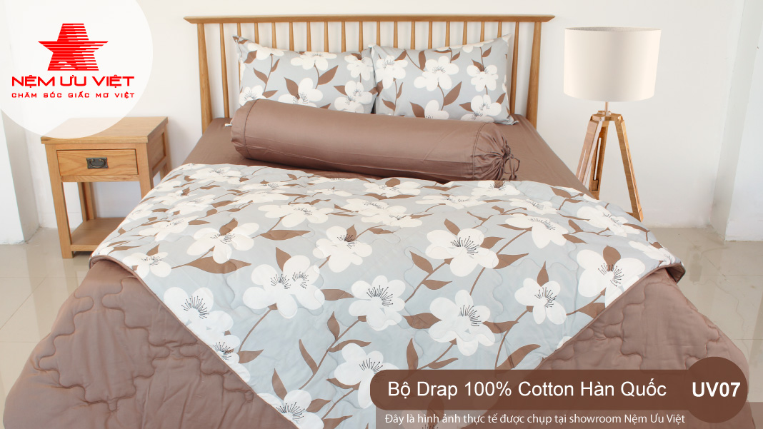 Bộ chăn Drap 100% Cotton Hàn Quốc cao cấp UV07 - Nệm Ưu Việt